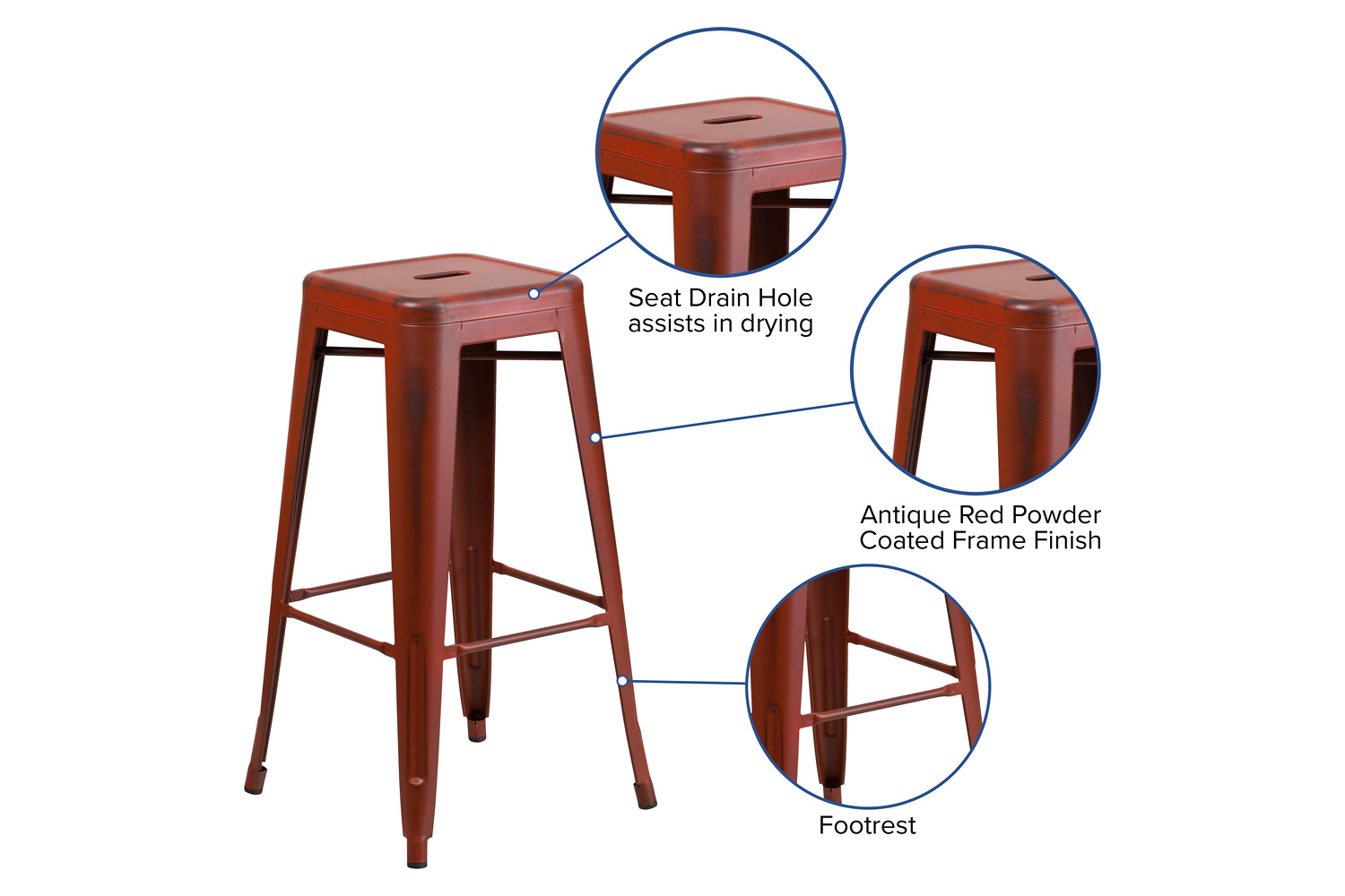 BLNK Kai Commercial Metal Backless Distressed Indoor-Outdoor Bar Stool - Kelly Red