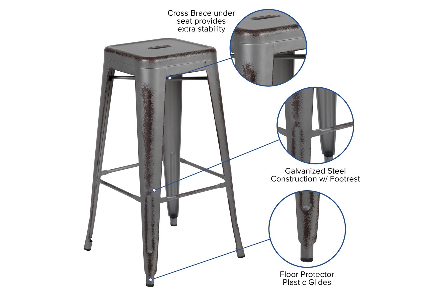 BLNK Kai Commercial Metal Backless Distressed Indoor-Outdoor Bar Stool - Silver Gray