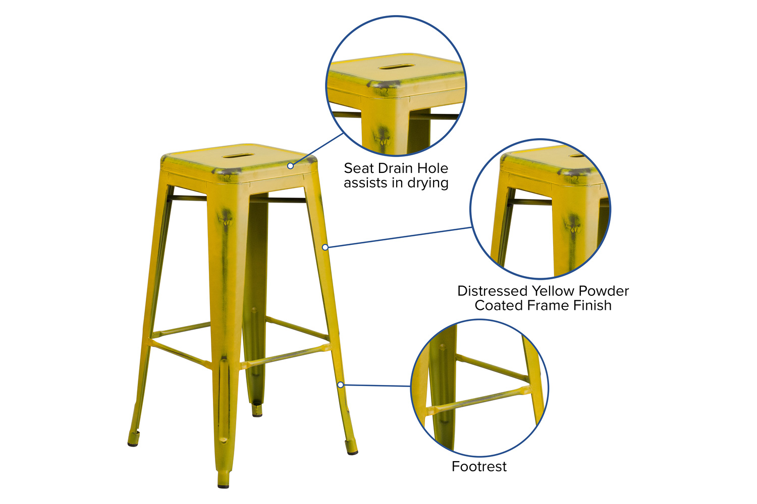 BLNK Kai Commercial Metal Backless Distressed Indoor-Outdoor Bar Stool - Yellow