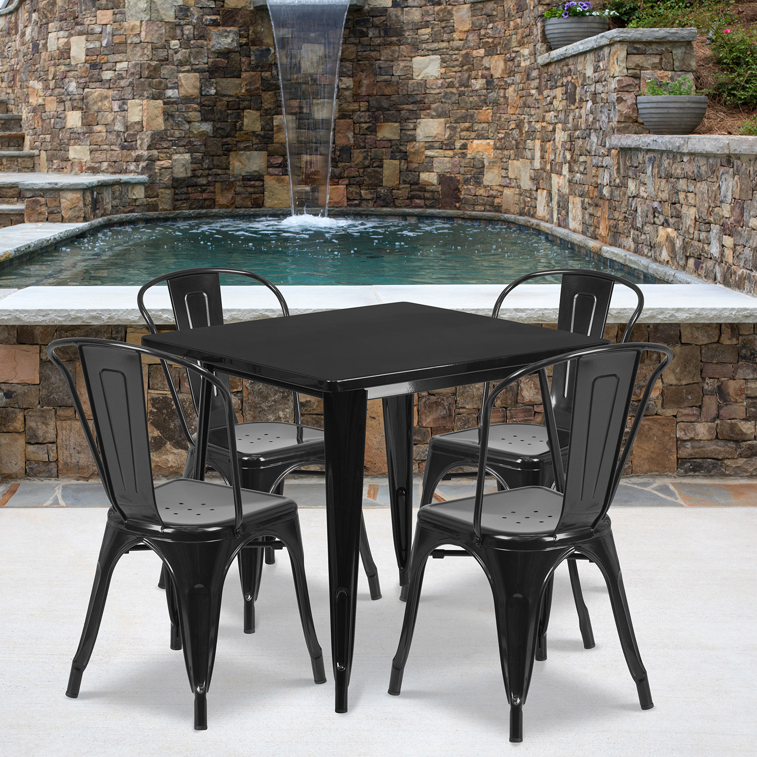 BLNK Foster Commercial Square Metal Indoor-Outdoor Table Set with 4 Stack Chairs