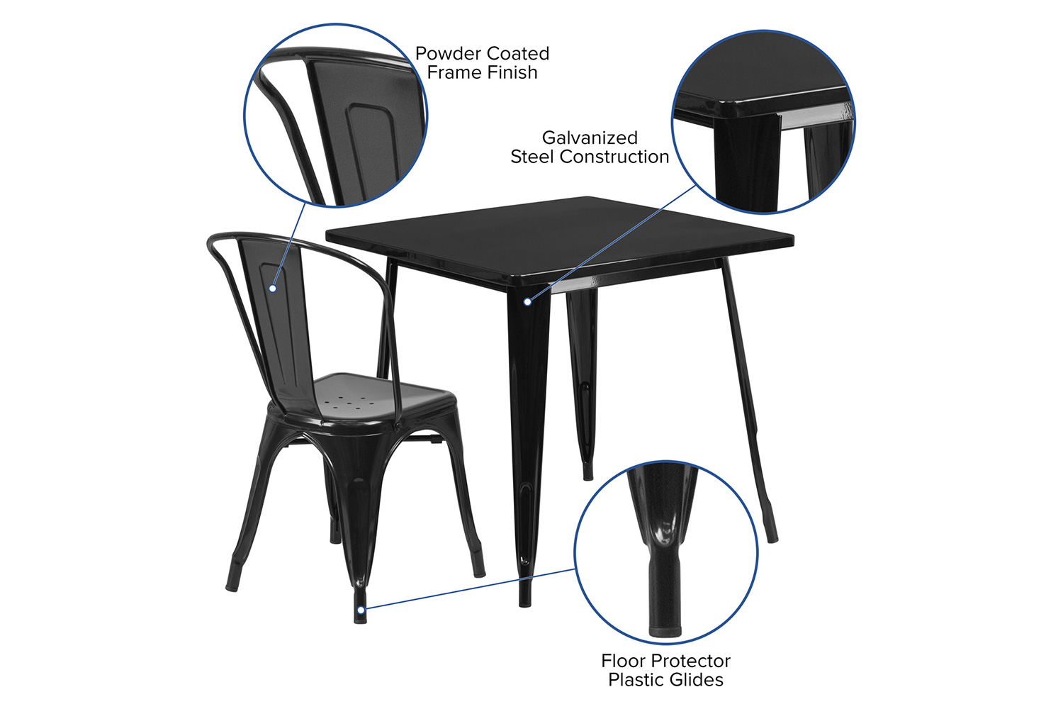 BLNK Foster Commercial Square Metal Indoor-Outdoor Table Set with 4 Stack Chairs - Black