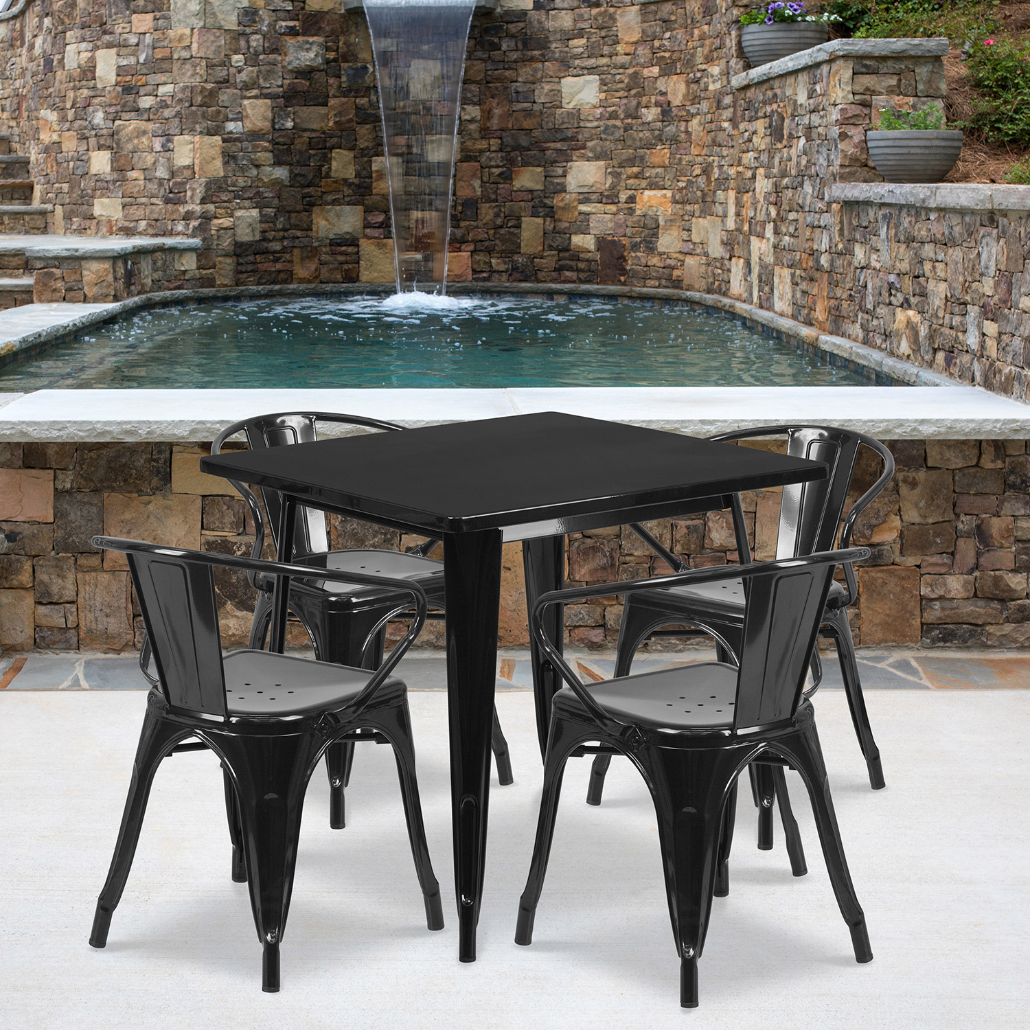 BLNK Grady Commercial Square Metal Indoor-Outdoor Table Set with 4 Arm Chairs