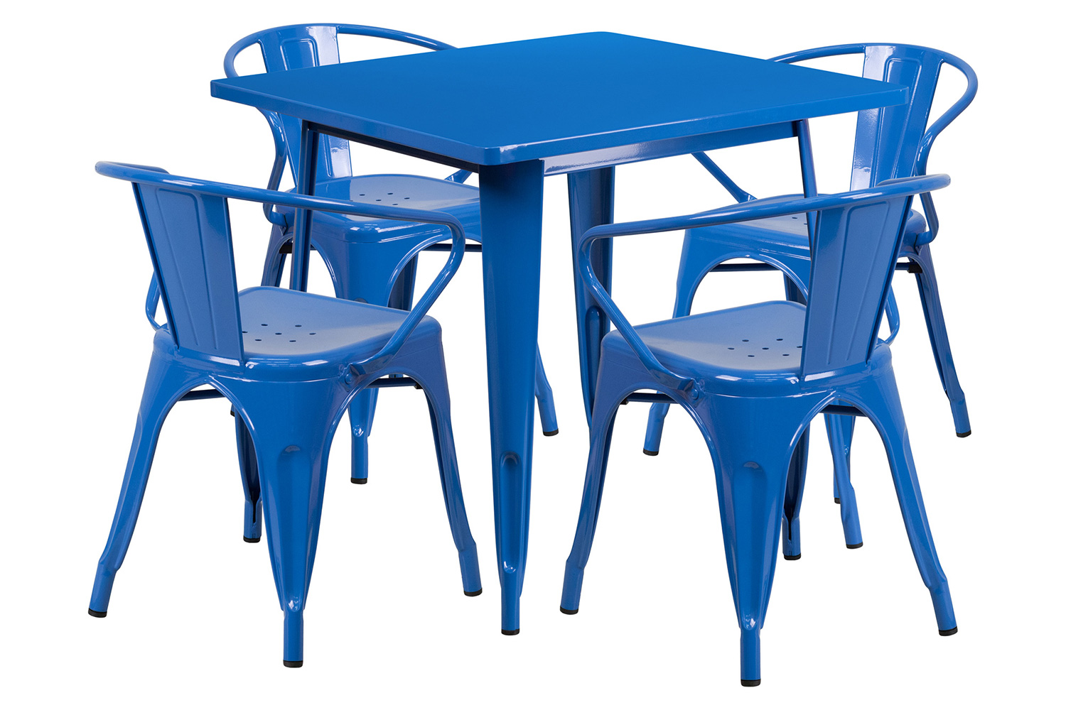 BLNK Grady Commercial Square Metal Indoor-Outdoor Table Set with 4 Arm Chairs - Blue