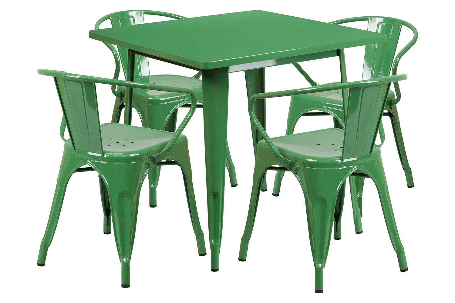 BLNK Grady Commercial Square Metal Indoor-Outdoor Table Set with 4 Arm Chairs - Green