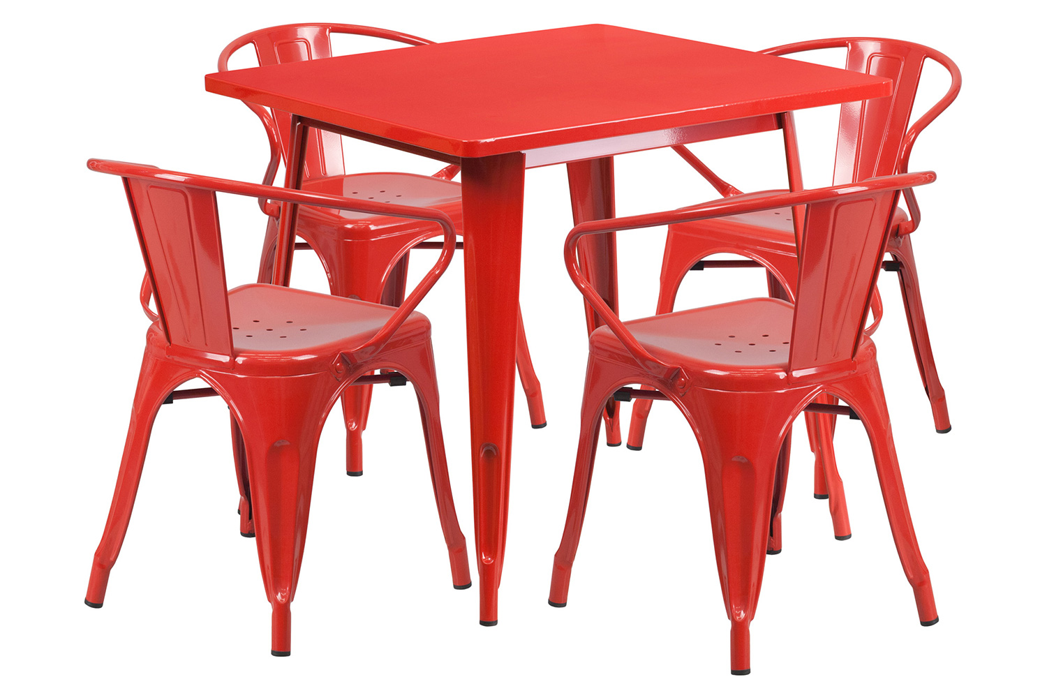 BLNK Grady Commercial Square Metal Indoor-Outdoor Table Set with 4 Arm Chairs - Red