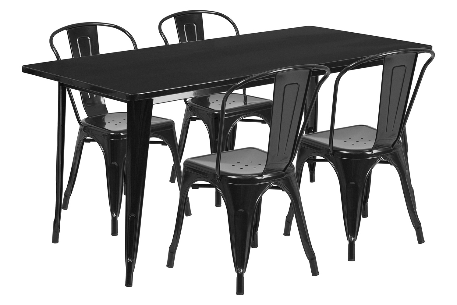 BLNK Darcy Commercial Rectangular Metal Indoor-Outdoor Table Set with 4 Stack Chairs - Black