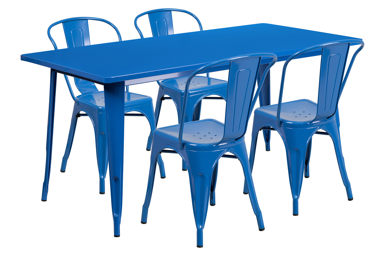 BLNK Darcy Commercial Rectangular Metal Indoor-Outdoor Table Set with 4 Stack Chairs - Blue