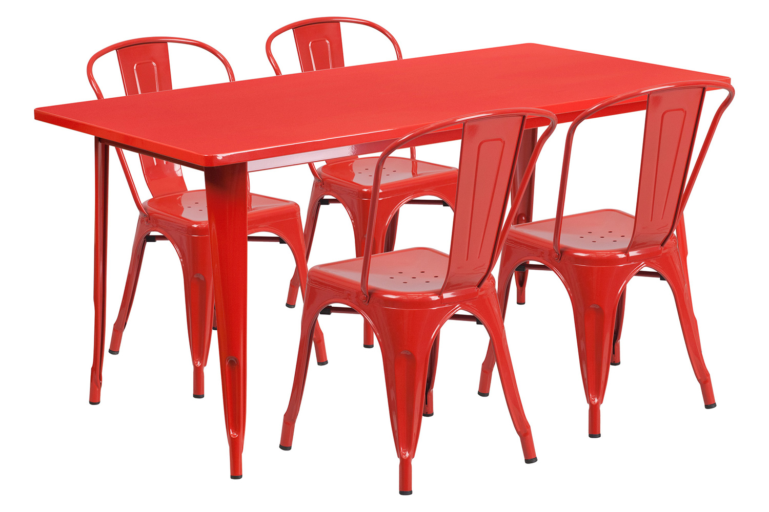 BLNK Darcy Commercial Rectangular Metal Indoor-Outdoor Table Set with 4 Stack Chairs - Red