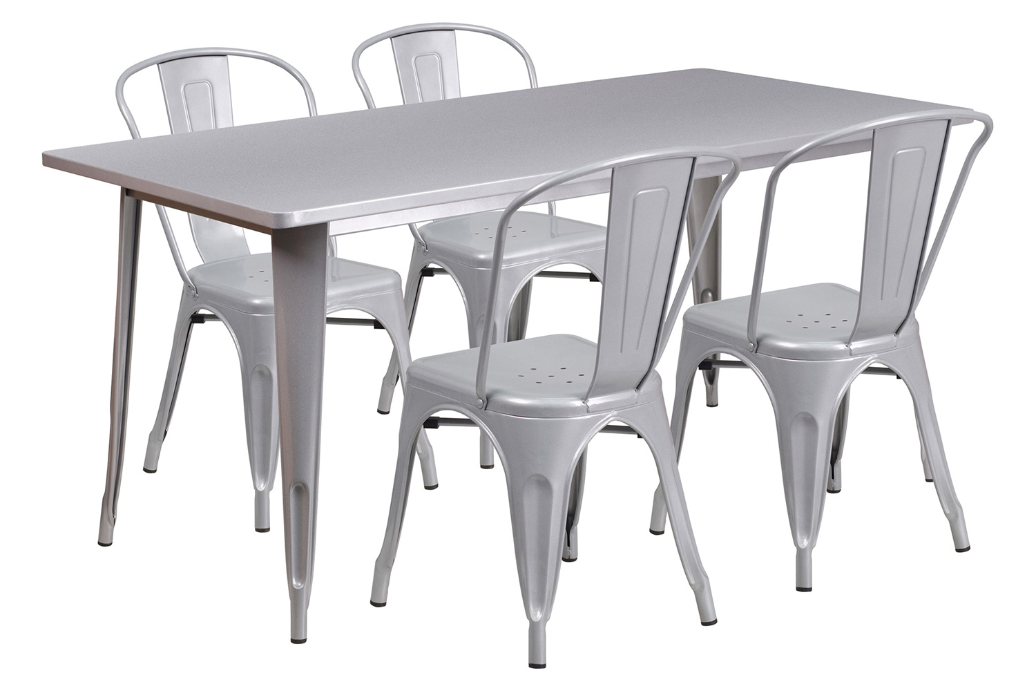 BLNK Darcy Commercial Rectangular Metal Indoor-Outdoor Table Set with 4 Stack Chairs - Silver