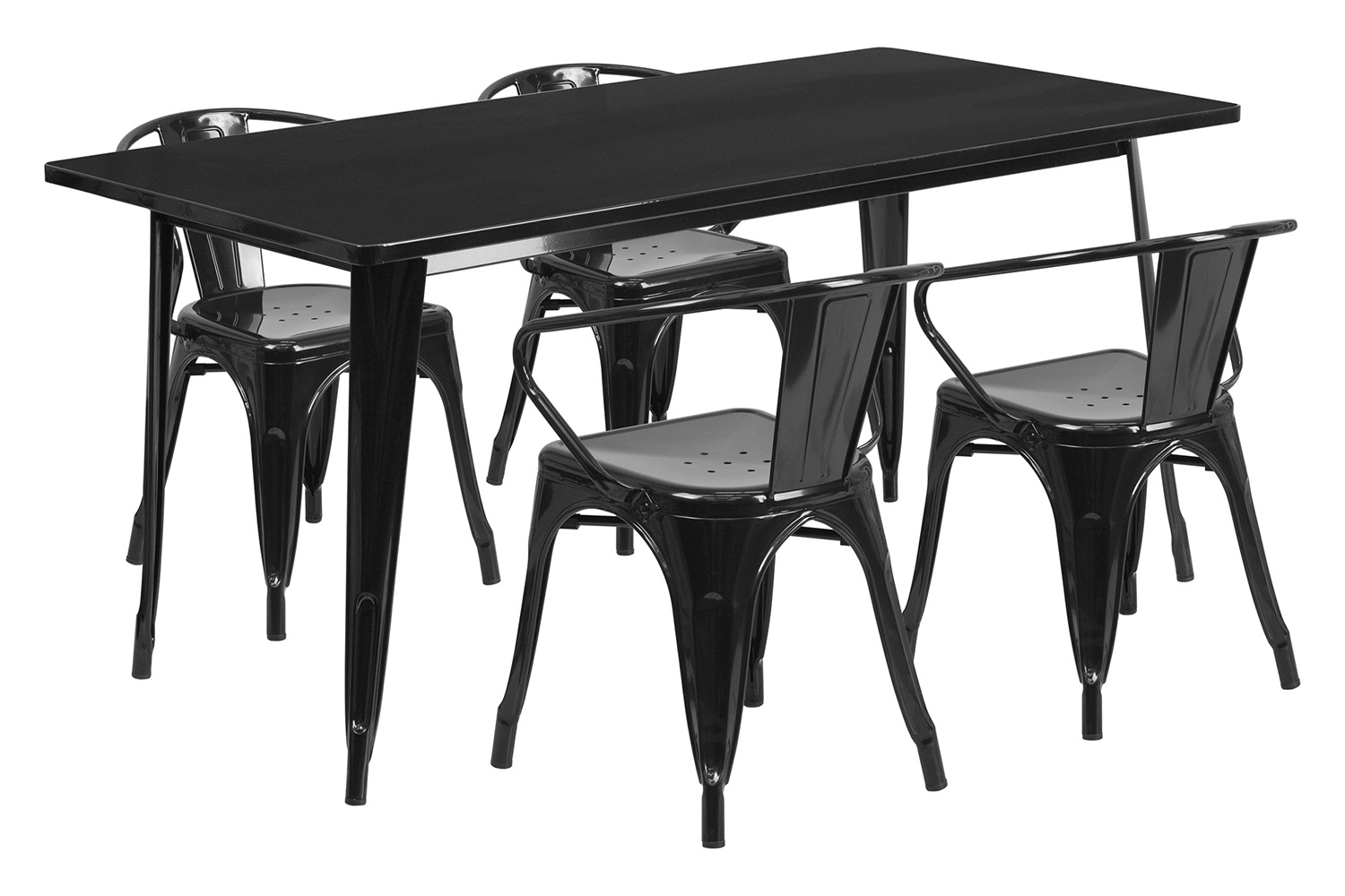 BLNK Fisher Commercial Rectangular Metal Indoor-Outdoor Table Set with 4 Arm Chairs - Black