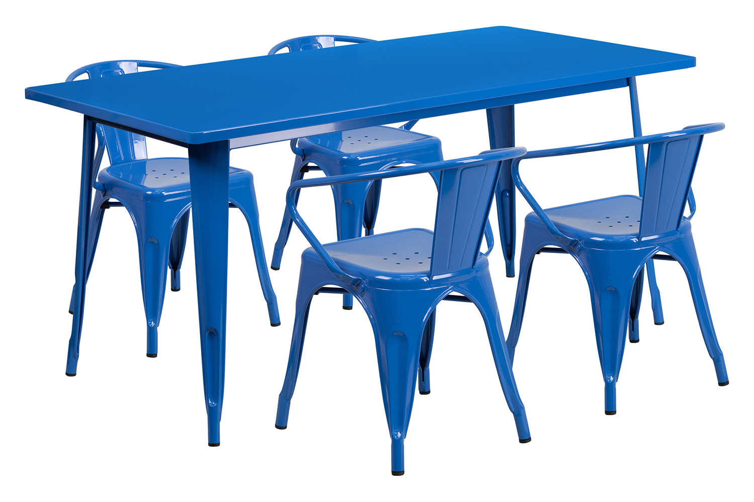 BLNK Fisher Commercial Rectangular Metal Indoor-Outdoor Table Set with 4 Arm Chairs - Blue