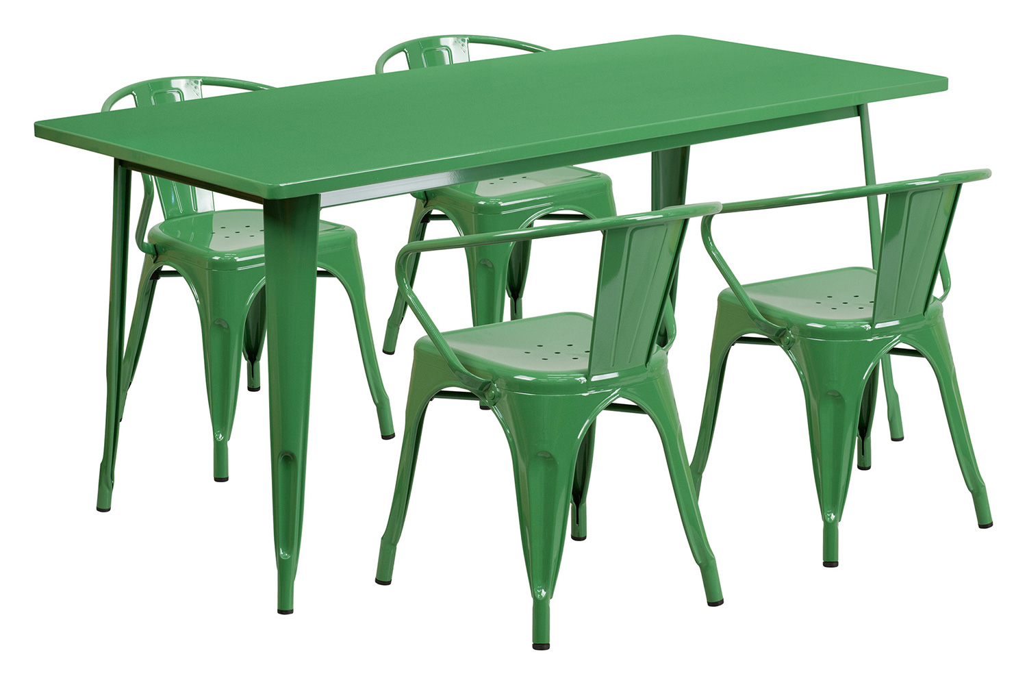 BLNK Fisher Commercial Rectangular Metal Indoor-Outdoor Table Set with 4 Arm Chairs - Green