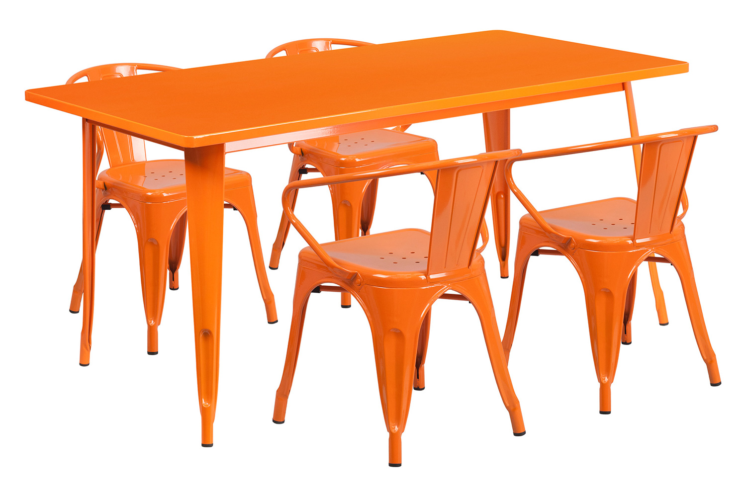 BLNK Fisher Commercial Rectangular Metal Indoor-Outdoor Table Set with 4 Arm Chairs - Orange