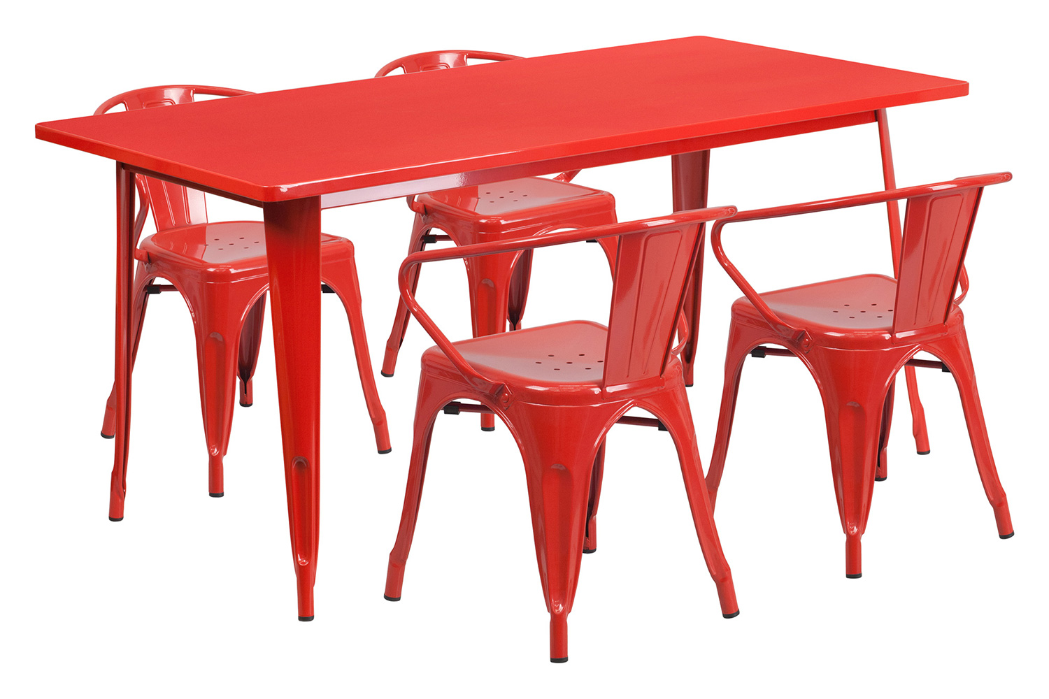 BLNK Fisher Commercial Rectangular Metal Indoor-Outdoor Table Set with 4 Arm Chairs - Red