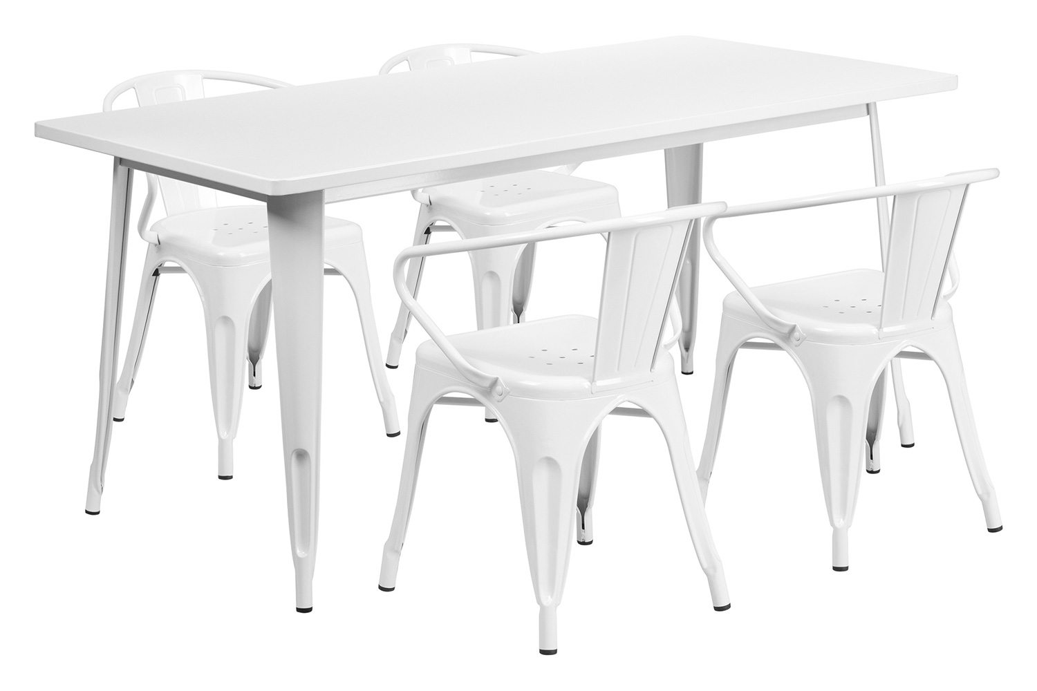 BLNK Fisher Commercial Rectangular Metal Indoor-Outdoor Table Set with 4 Arm Chairs - White