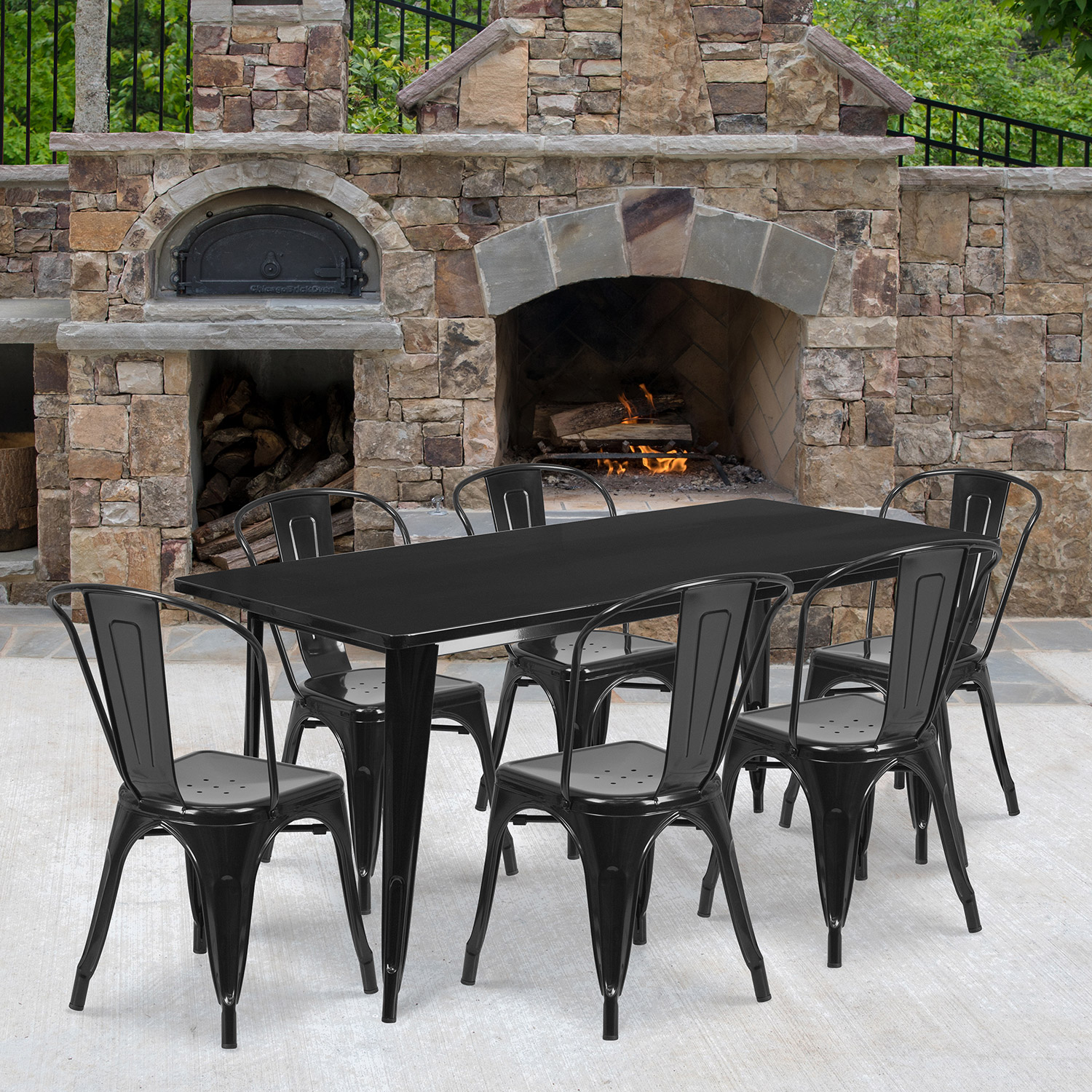 BLNK Gilbert Commercial Rectangular Metal Indoor-Outdoor Table Set with 6 Stack Chairs