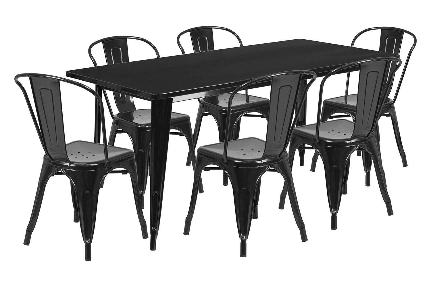 BLNK Gilbert Commercial Rectangular Metal Indoor-Outdoor Table Set with 6 Stack Chairs - Black