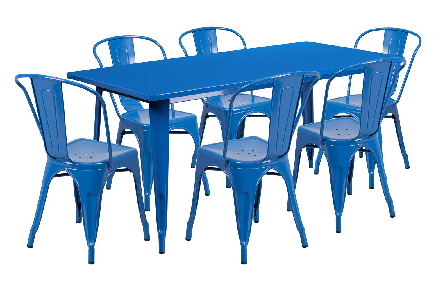 BLNK Gilbert Commercial Rectangular Metal Indoor-Outdoor Table Set with 6 Stack Chairs - Blue