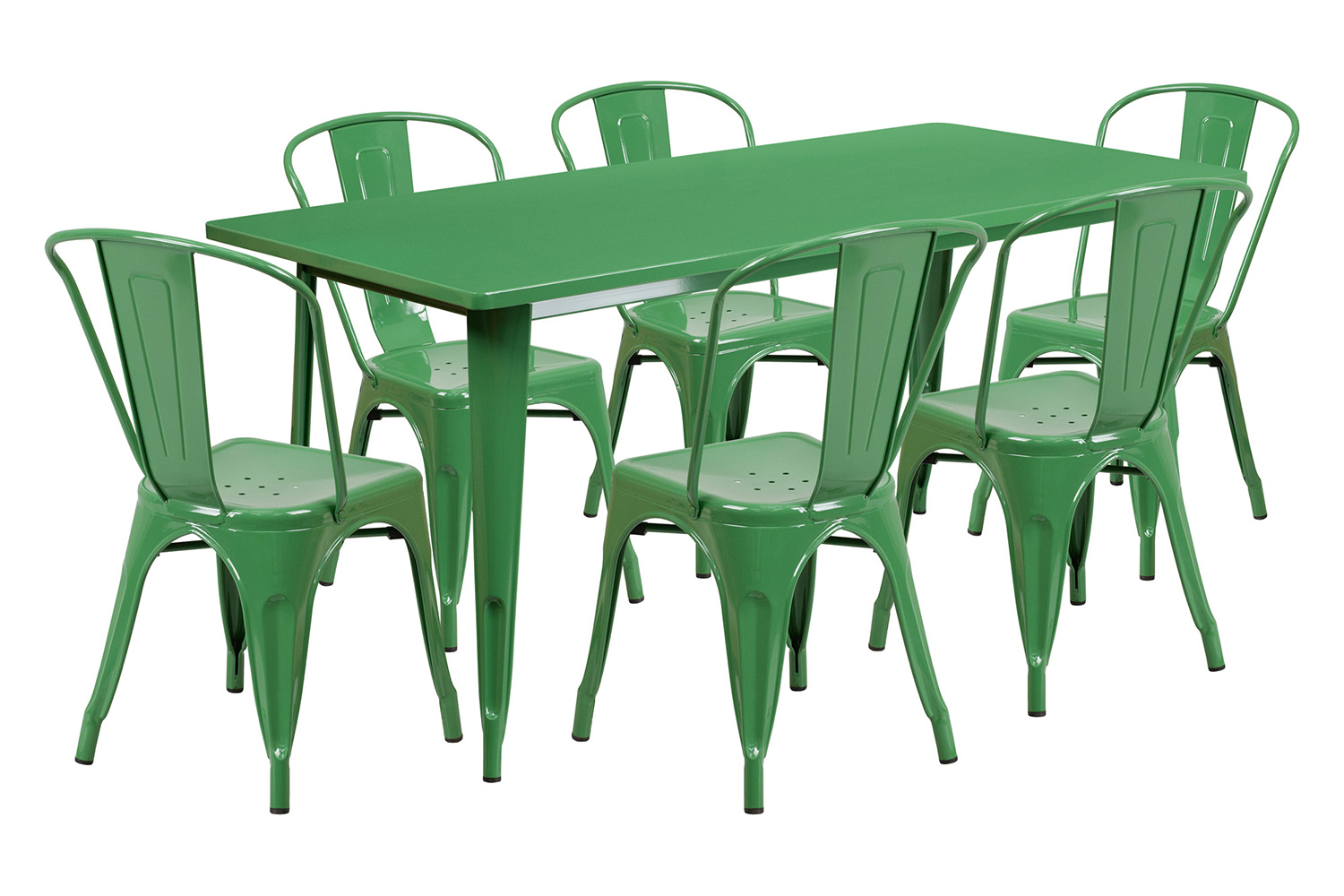 BLNK Gilbert Commercial Rectangular Metal Indoor-Outdoor Table Set with 6 Stack Chairs - Green