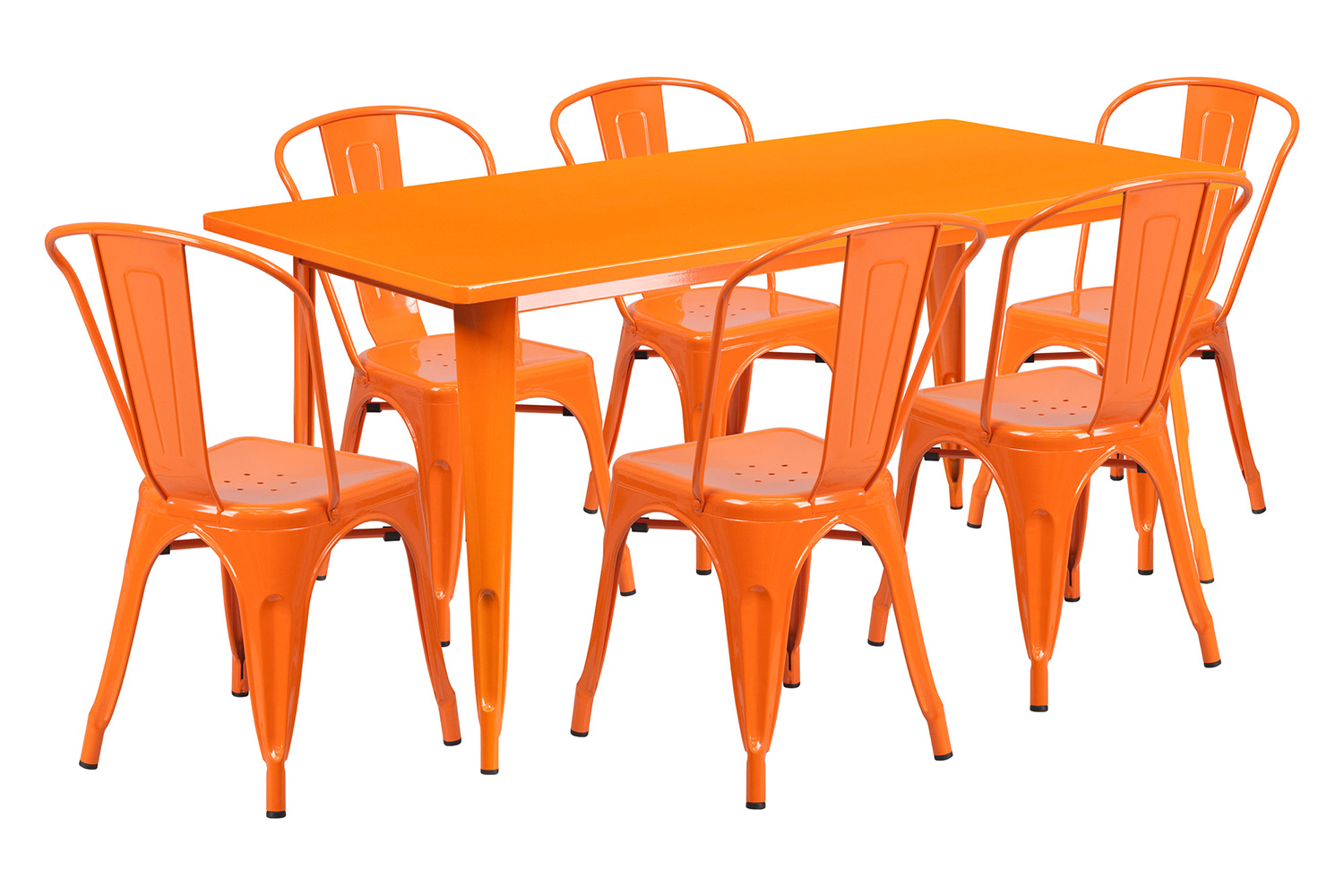 BLNK Gilbert Commercial Rectangular Metal Indoor-Outdoor Table Set with 6 Stack Chairs - Orange