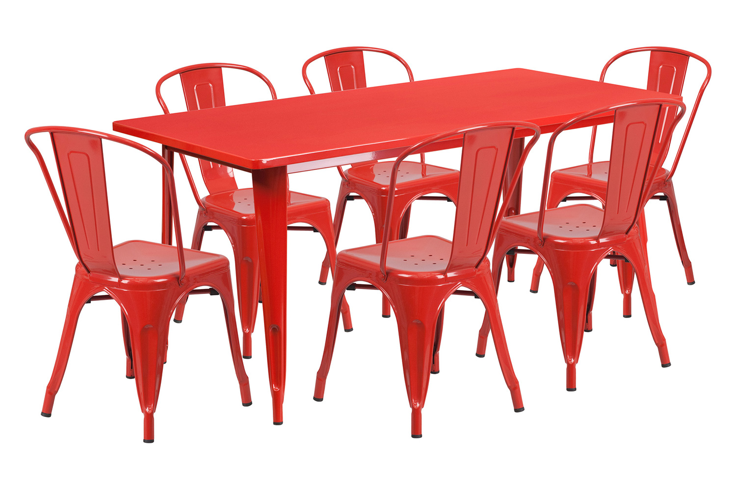 BLNK Gilbert Commercial Rectangular Metal Indoor-Outdoor Table Set with 6 Stack Chairs - Red