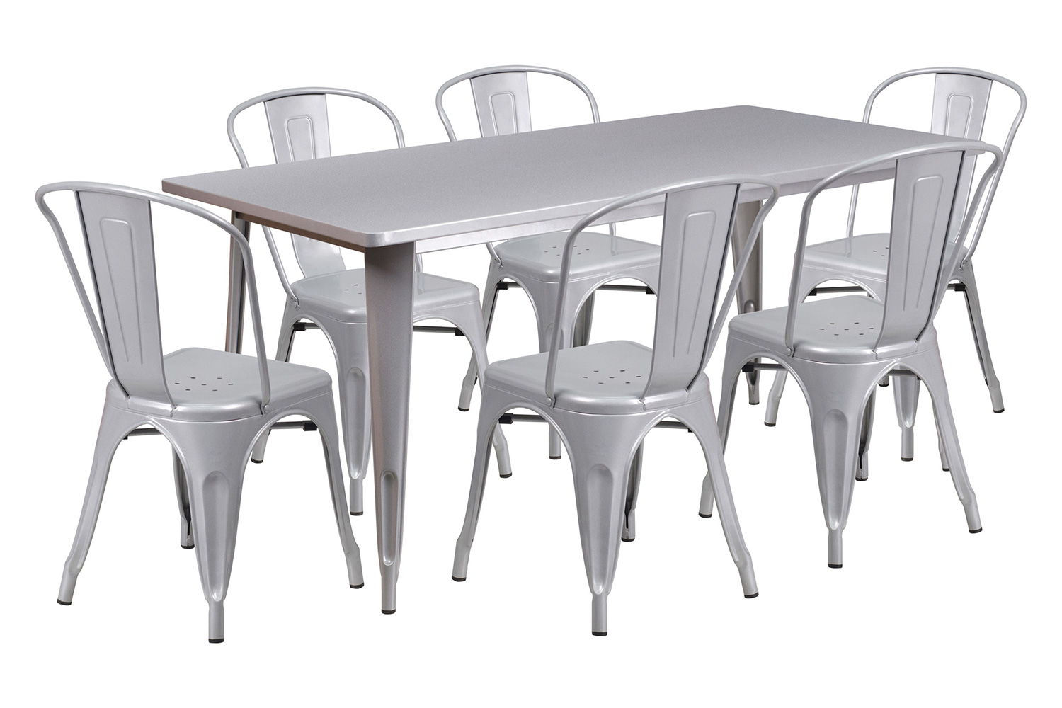 BLNK Gilbert Commercial Rectangular Metal Indoor-Outdoor Table Set with 6 Stack Chairs - Silver