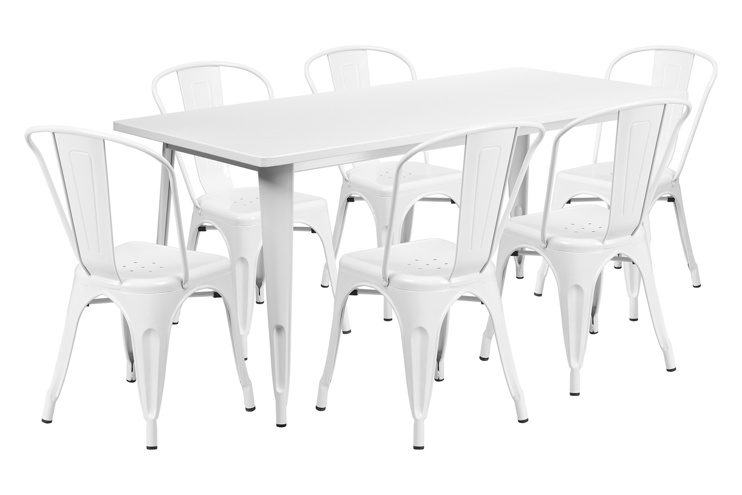 BLNK Gilbert Commercial Rectangular Metal Indoor-Outdoor Table Set with 6 Stack Chairs - White