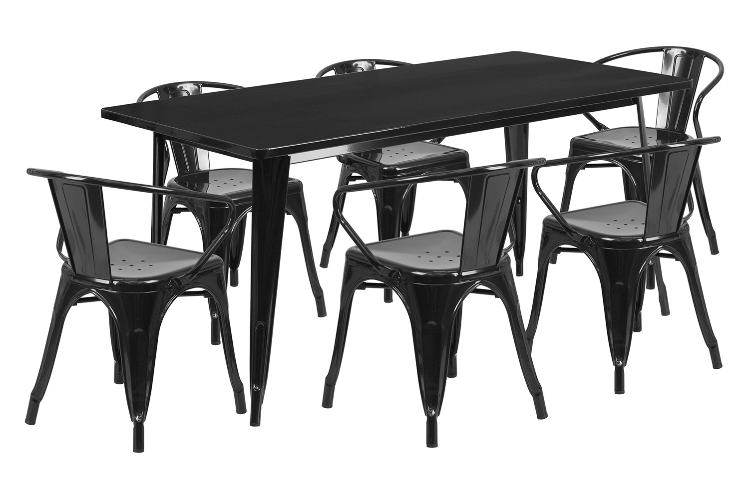 BLNK Oakley Commercial Rectangular Metal Indoor-Outdoor Table Set with 6 Arm Chairs - Black