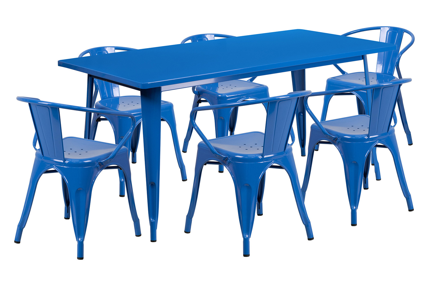 BLNK Oakley Commercial Rectangular Metal Indoor-Outdoor Table Set with 6 Arm Chairs - Blue