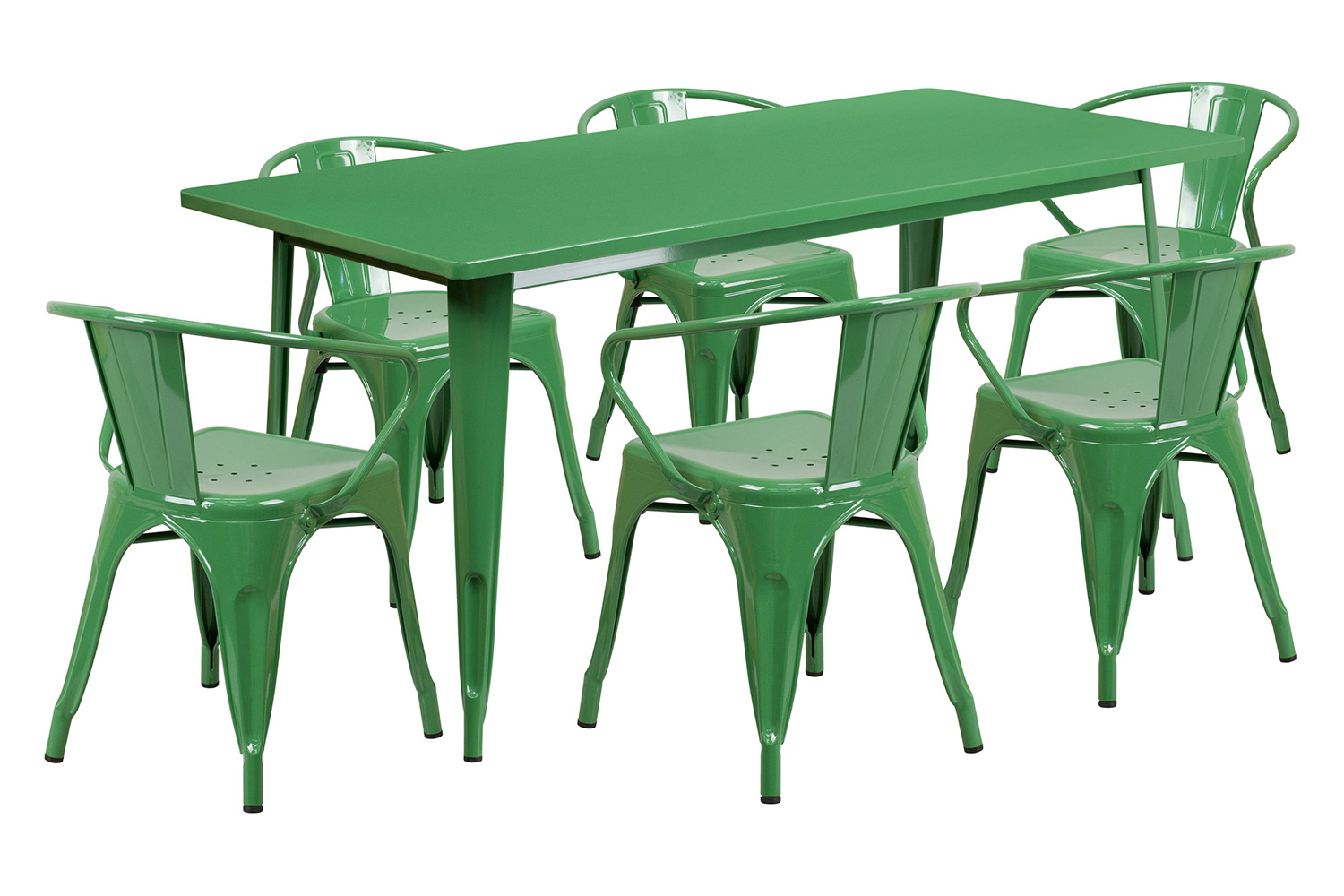 BLNK Oakley Commercial Rectangular Metal Indoor-Outdoor Table Set with 6 Arm Chairs - Green