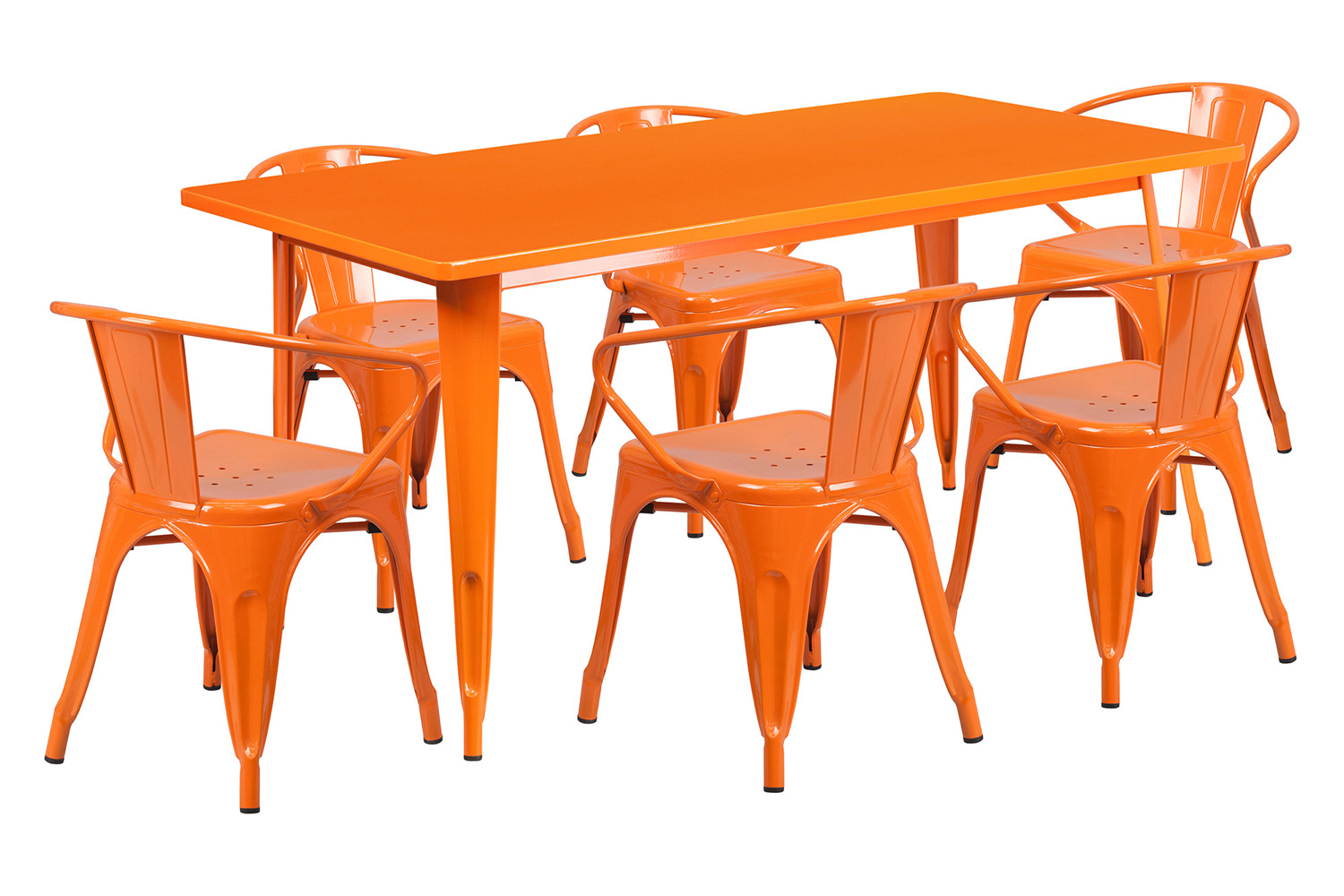 BLNK Oakley Commercial Rectangular Metal Indoor-Outdoor Table Set with 6 Arm Chairs - Orange