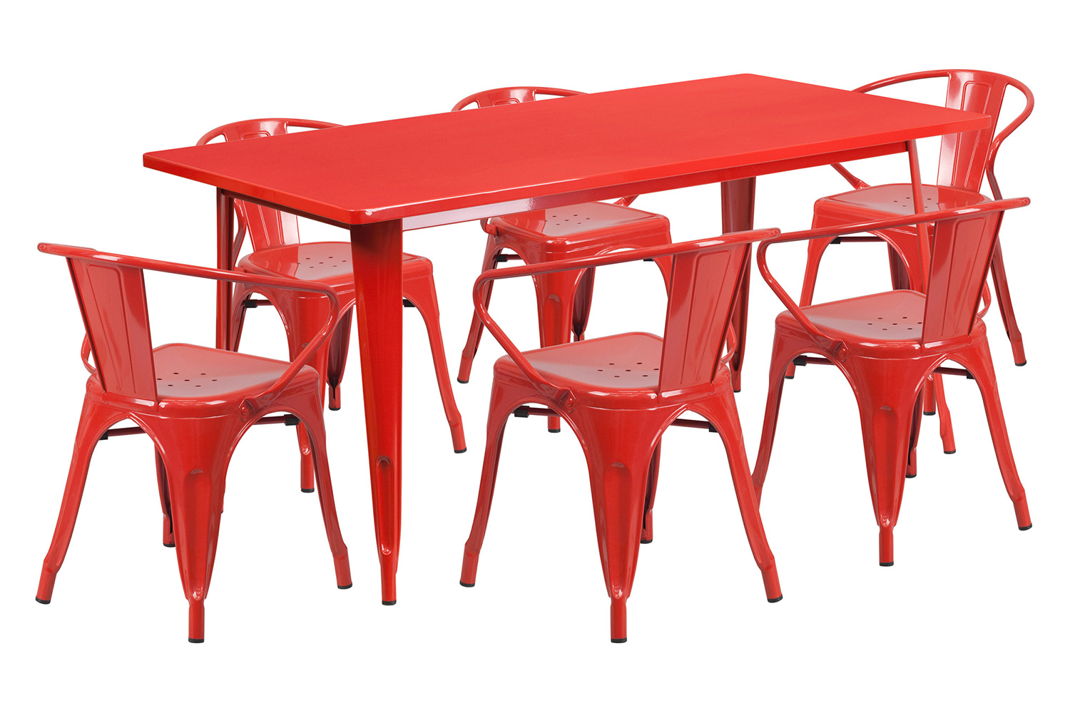 BLNK Oakley Commercial Rectangular Metal Indoor-Outdoor Table Set with 6 Arm Chairs - Red