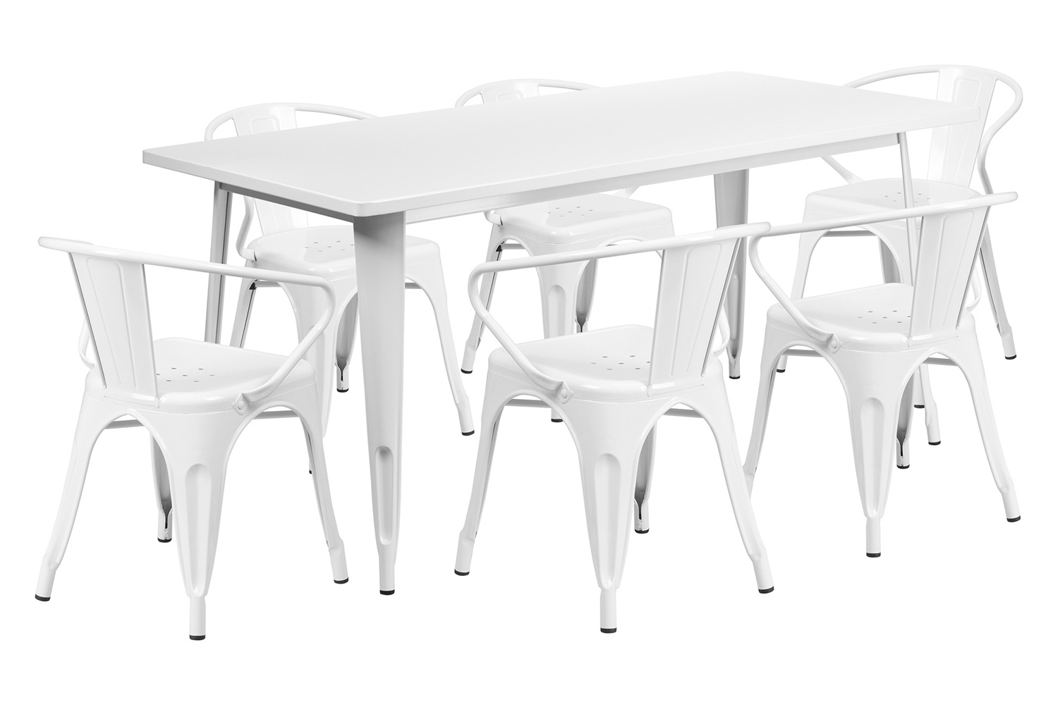 BLNK Oakley Commercial Rectangular Metal Indoor-Outdoor Table Set with 6 Arm Chairs - White