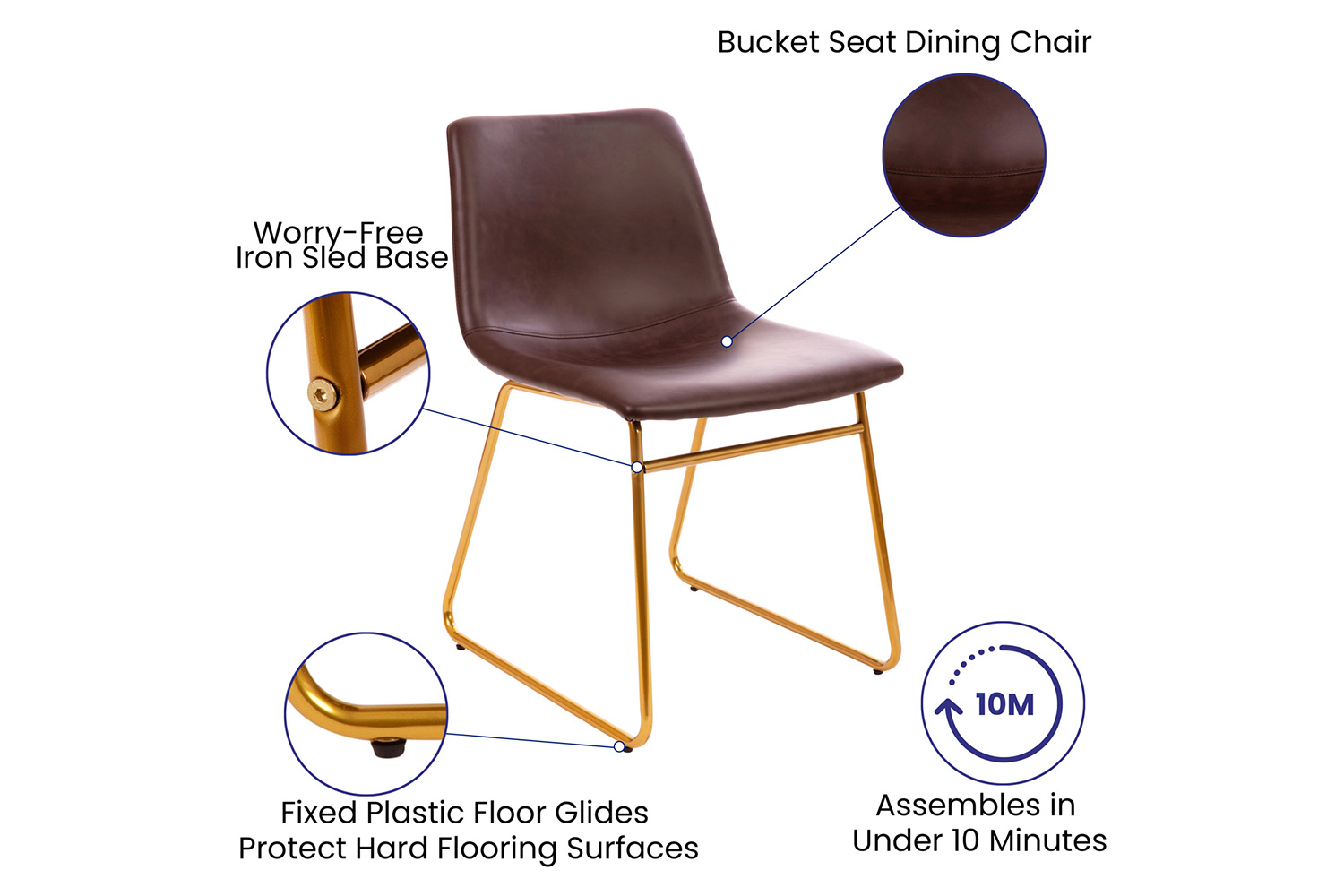 BLNK Butler LeatherSoft Table Height Dining Chair, Mid-Back Sled Base with Gold Frame Set of 2 - Dark Brown