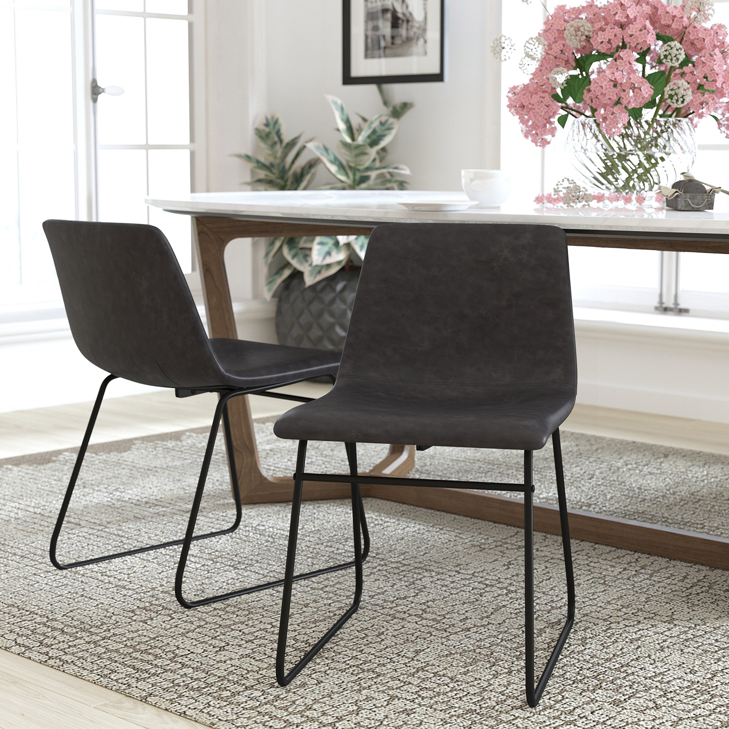 BLNK Butler LeatherSoft Table Height Dining Chair, Mid-Back Sled Base with Black Frame Set of 2