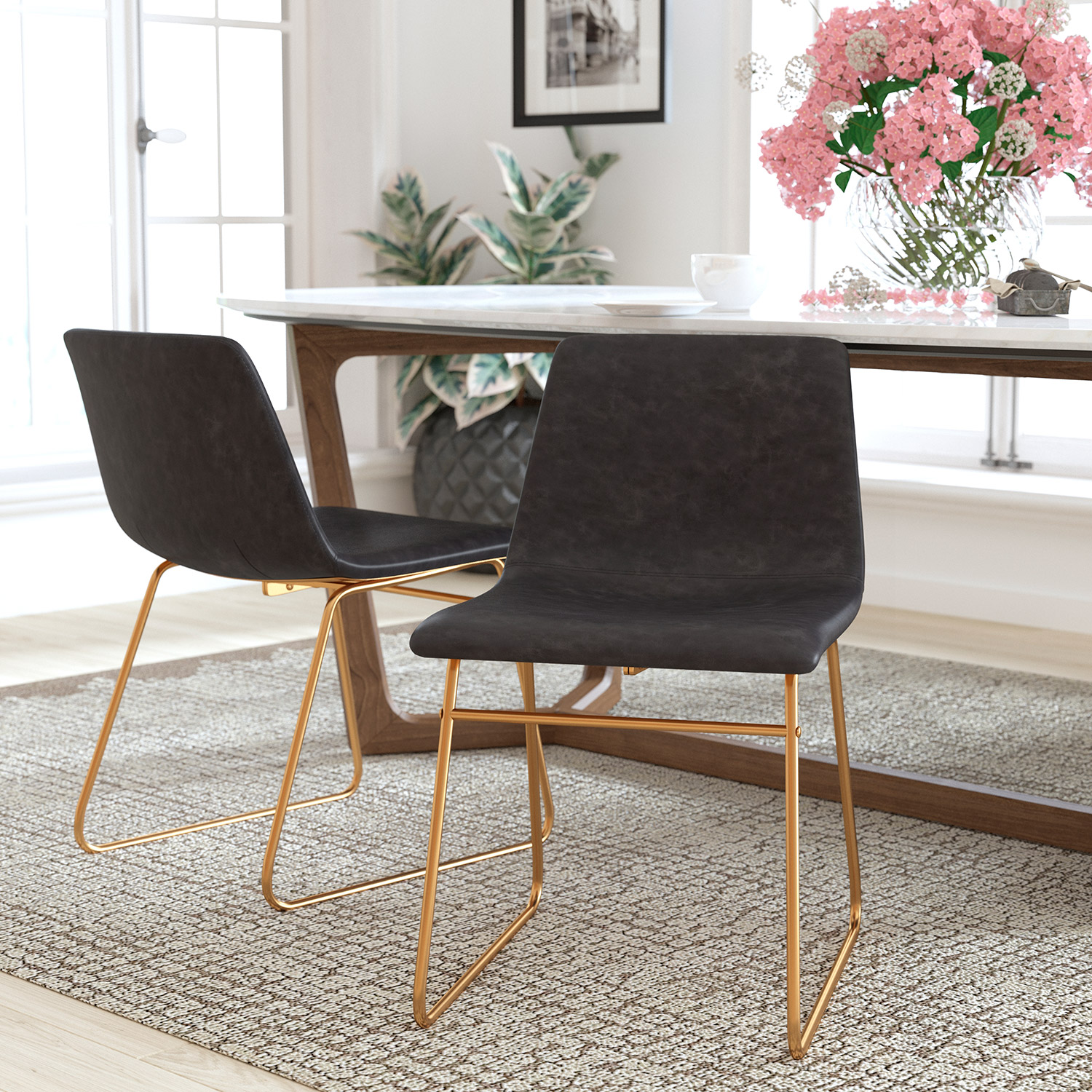 BLNK Butler LeatherSoft Table Height Dining Chair, Mid-Back Sled Base with Gold Frame Set of 2