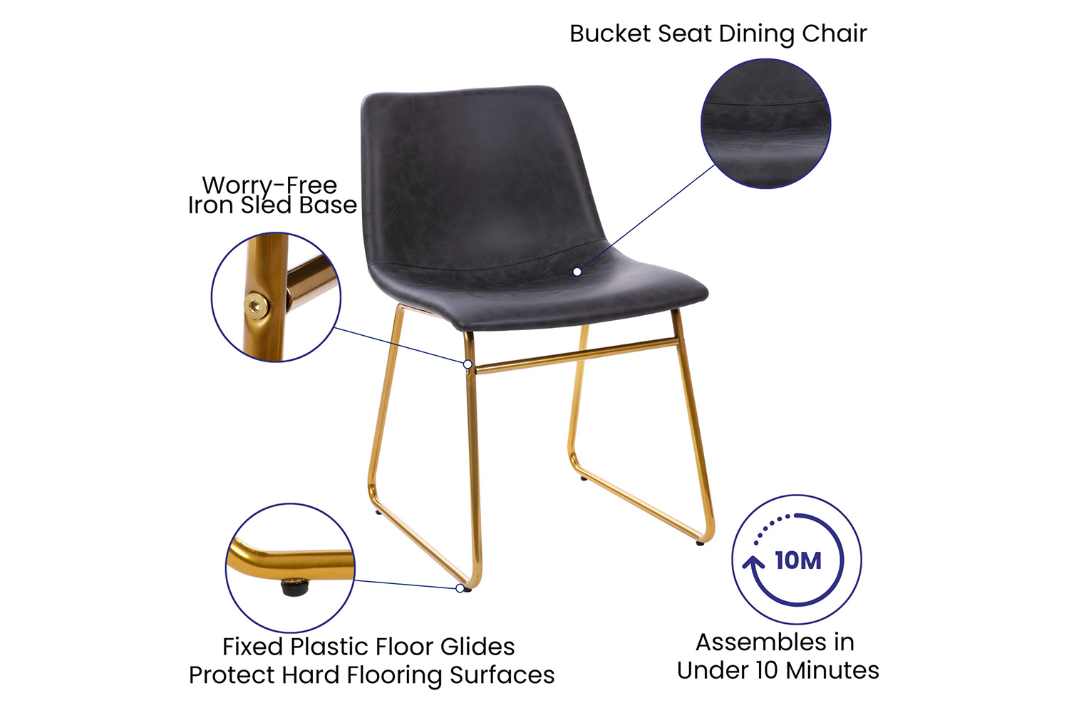 BLNK Butler LeatherSoft Table Height Dining Chair, Mid-Back Sled Base with Gold Frame Set of 2 - Dark Gray