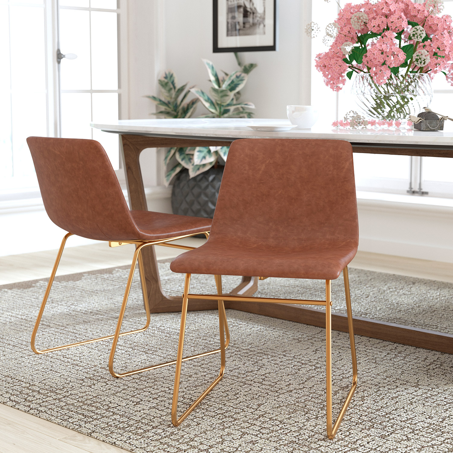 BLNK Butler LeatherSoft Table Height Dining Chair, Mid-Back Sled Base with Gold Frame Set of 2