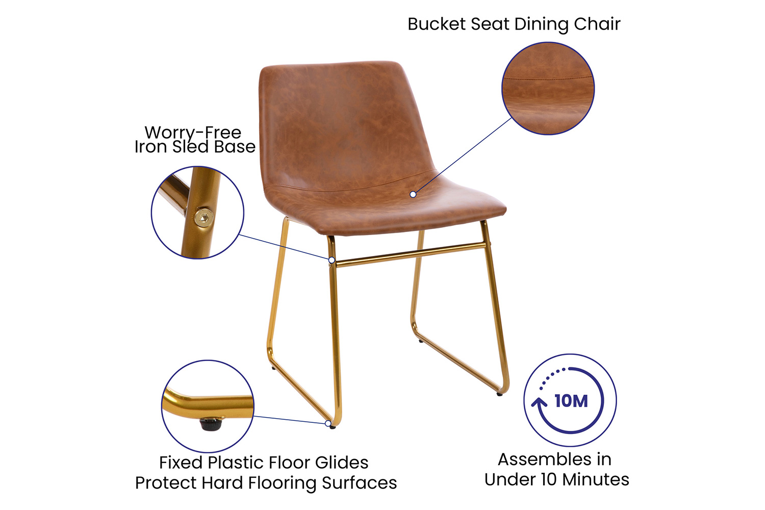 BLNK Butler LeatherSoft Table Height Dining Chair, Mid-Back Sled Base with Gold Frame Set of 2 - Light Brown