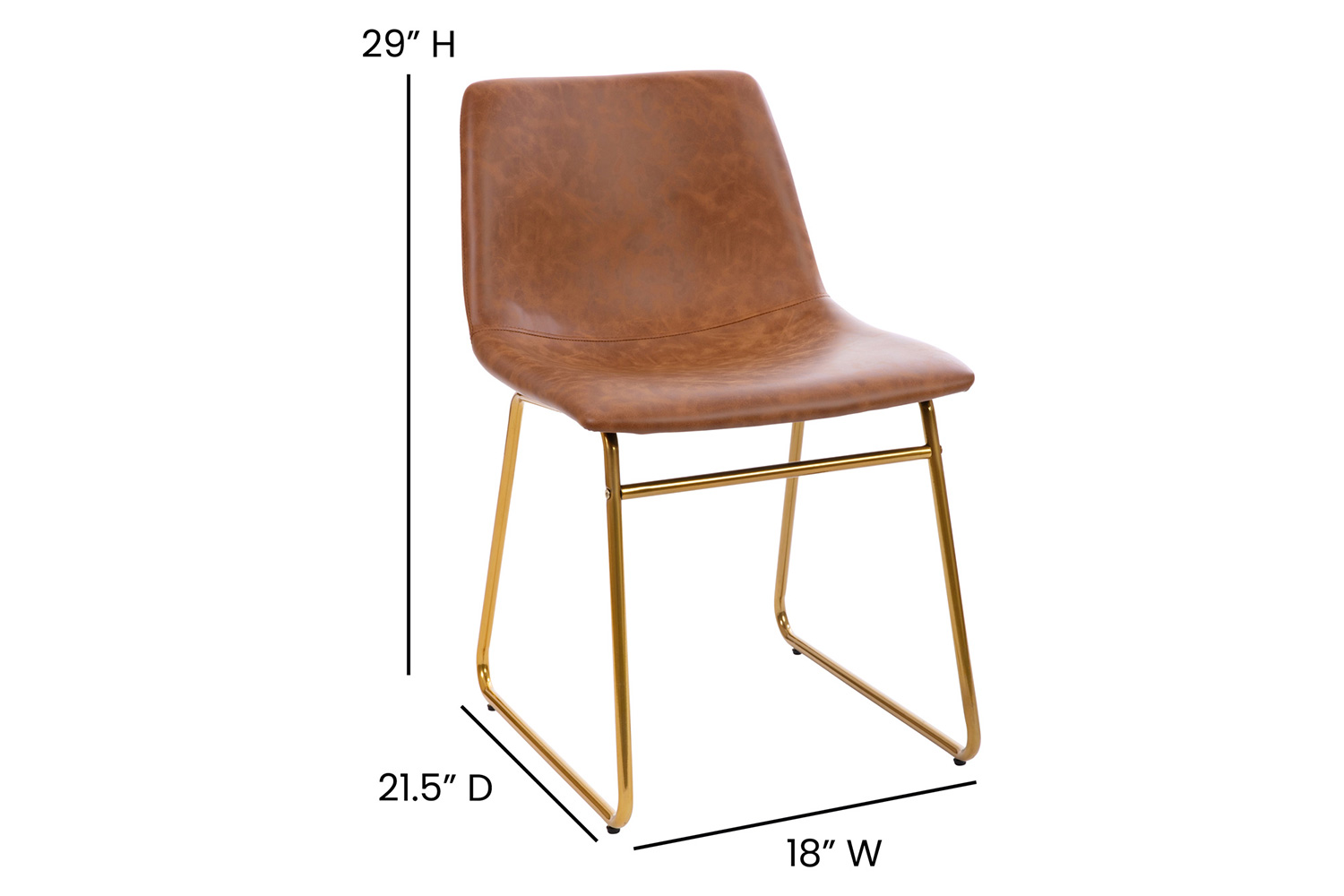 BLNK Butler LeatherSoft Table Height Dining Chair, Mid-Back Sled Base with Gold Frame Set of 2 - Light Brown