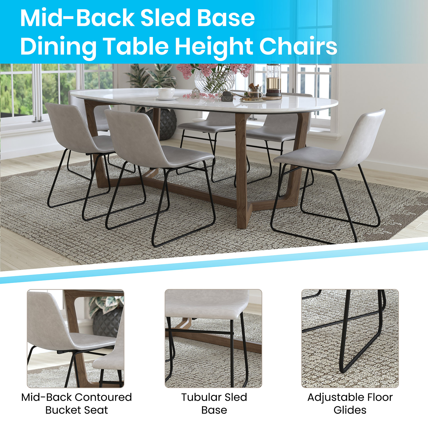 BLNK Butler LeatherSoft Table Height Dining Chair, Mid-Back Sled Base with Black Frame Set of 2 - Light Gray