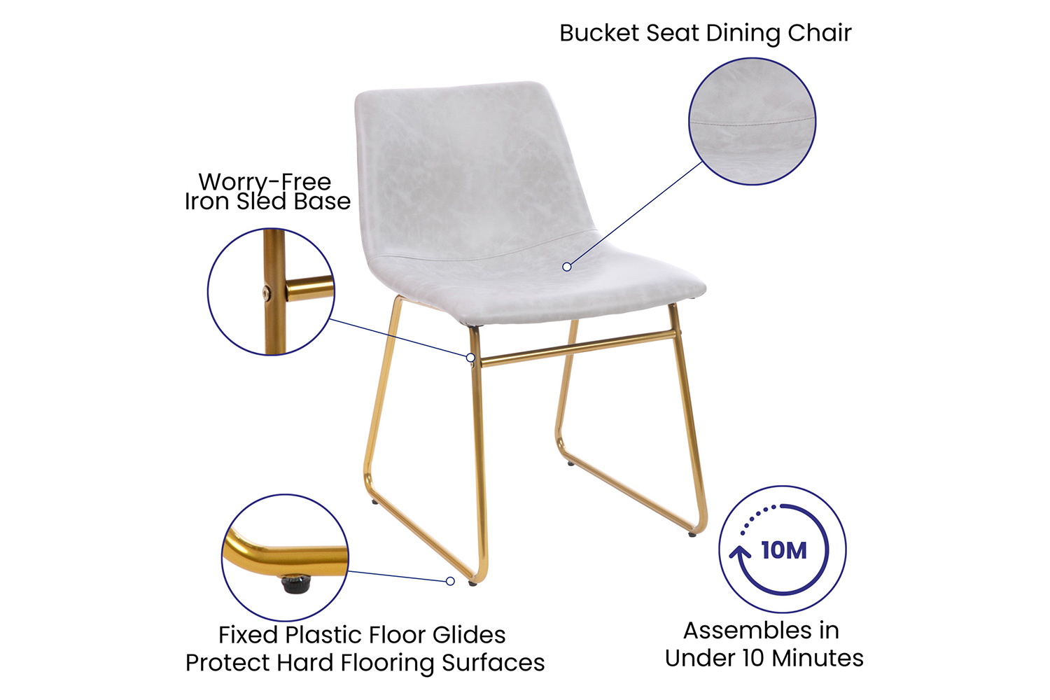 BLNK Butler LeatherSoft Table Height Dining Chair, Mid-Back Sled Base with Gold Frame Set of 2 - Light Gray