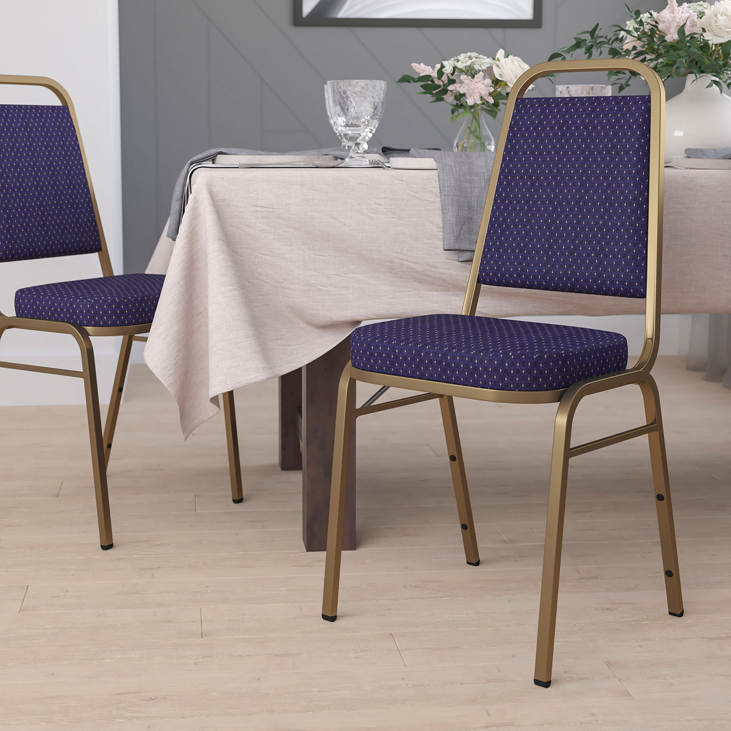 BLNK HERCULES Series Fabric Trapezoidal Back Stacking Banquet Chair with Gold Frame