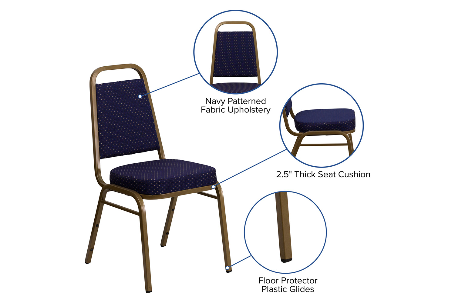 BLNK™ HERCULES Series Fabric Trapezoidal Back Stacking Banquet Chair with Gold Frame - Navy Patterned