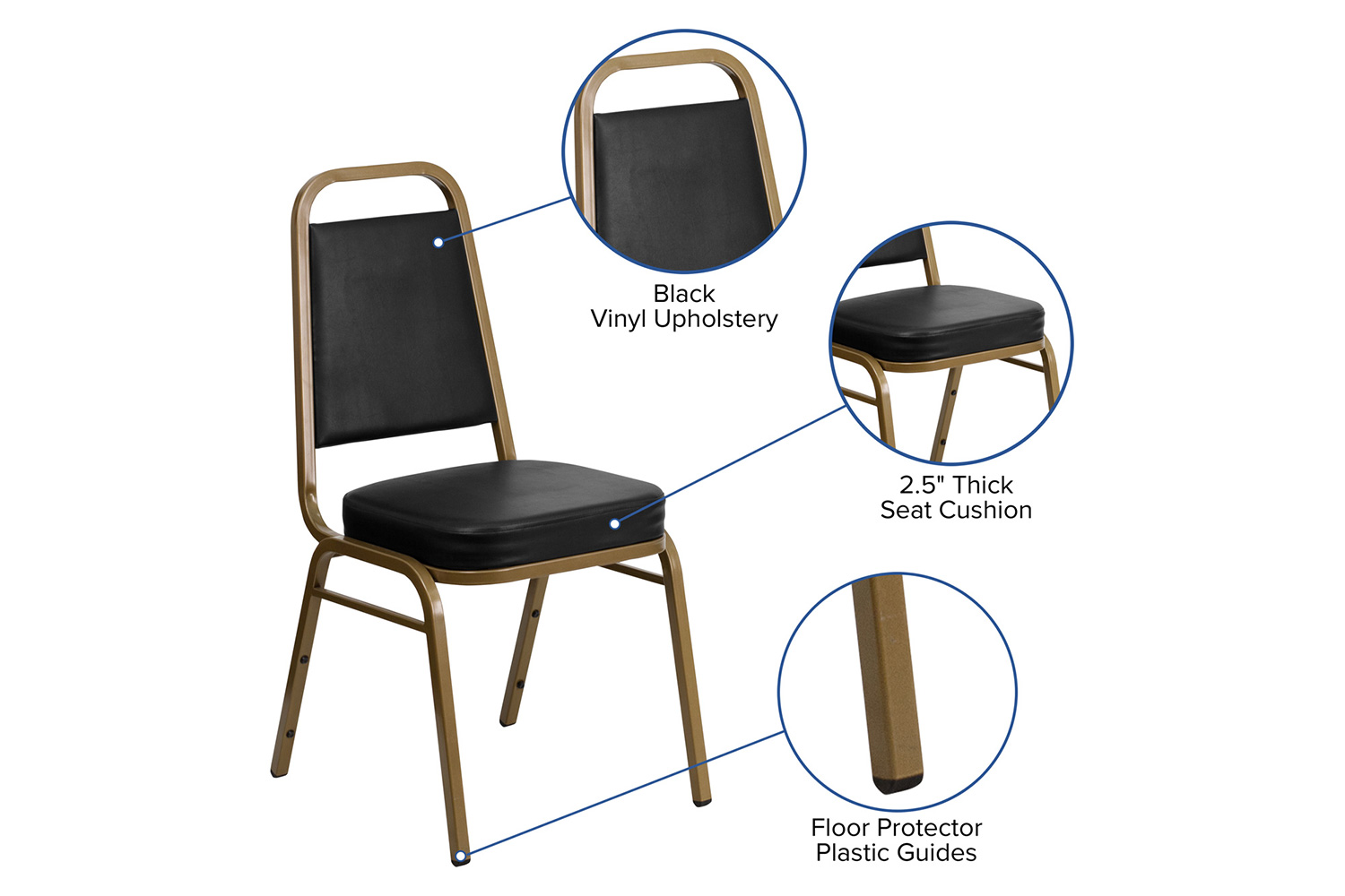 BLNK™ HERCULES Series Vinyl Trapezoidal Back Stacking Banquet Chair with Gold Frame - Black