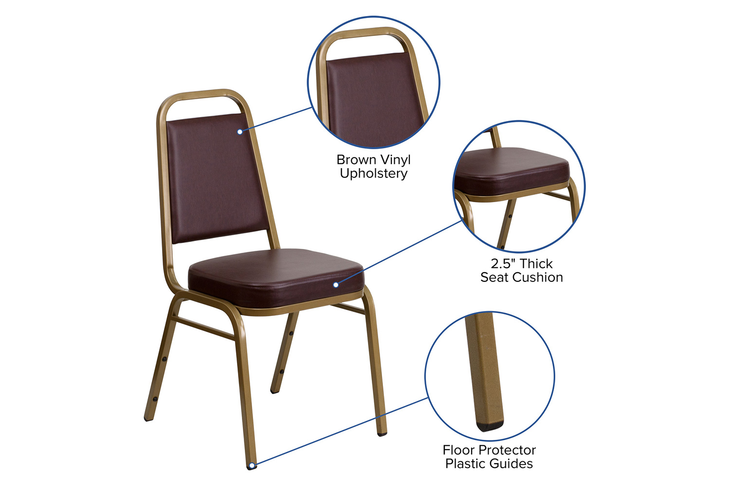 BLNK™ HERCULES Series Vinyl Trapezoidal Back Stacking Banquet Chair with Gold Frame - Brown