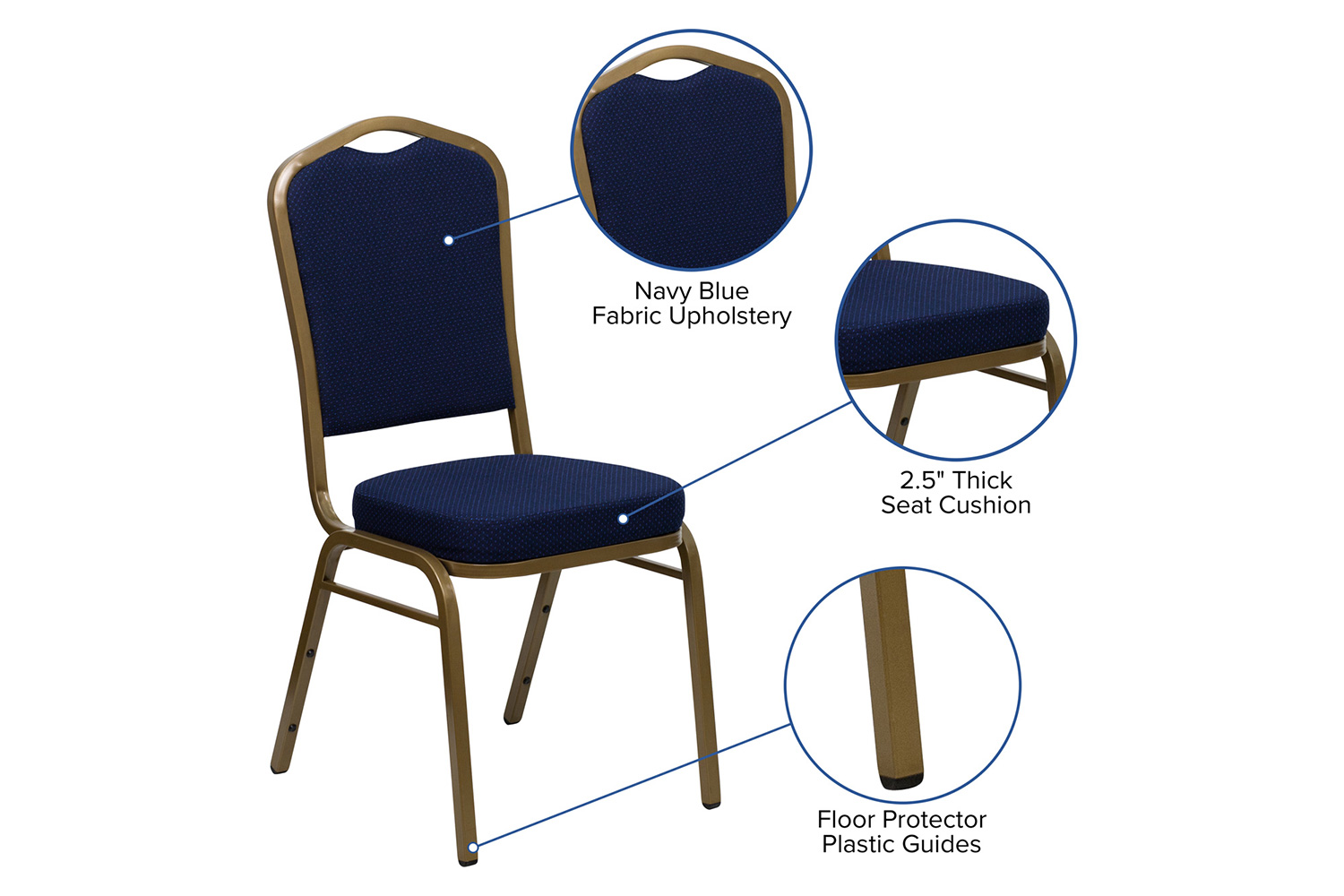 BLNK™ HERCULES Series Fabric Crown Back Stacking Banquet Chair with Gold Frame - Navy Blue Patterned