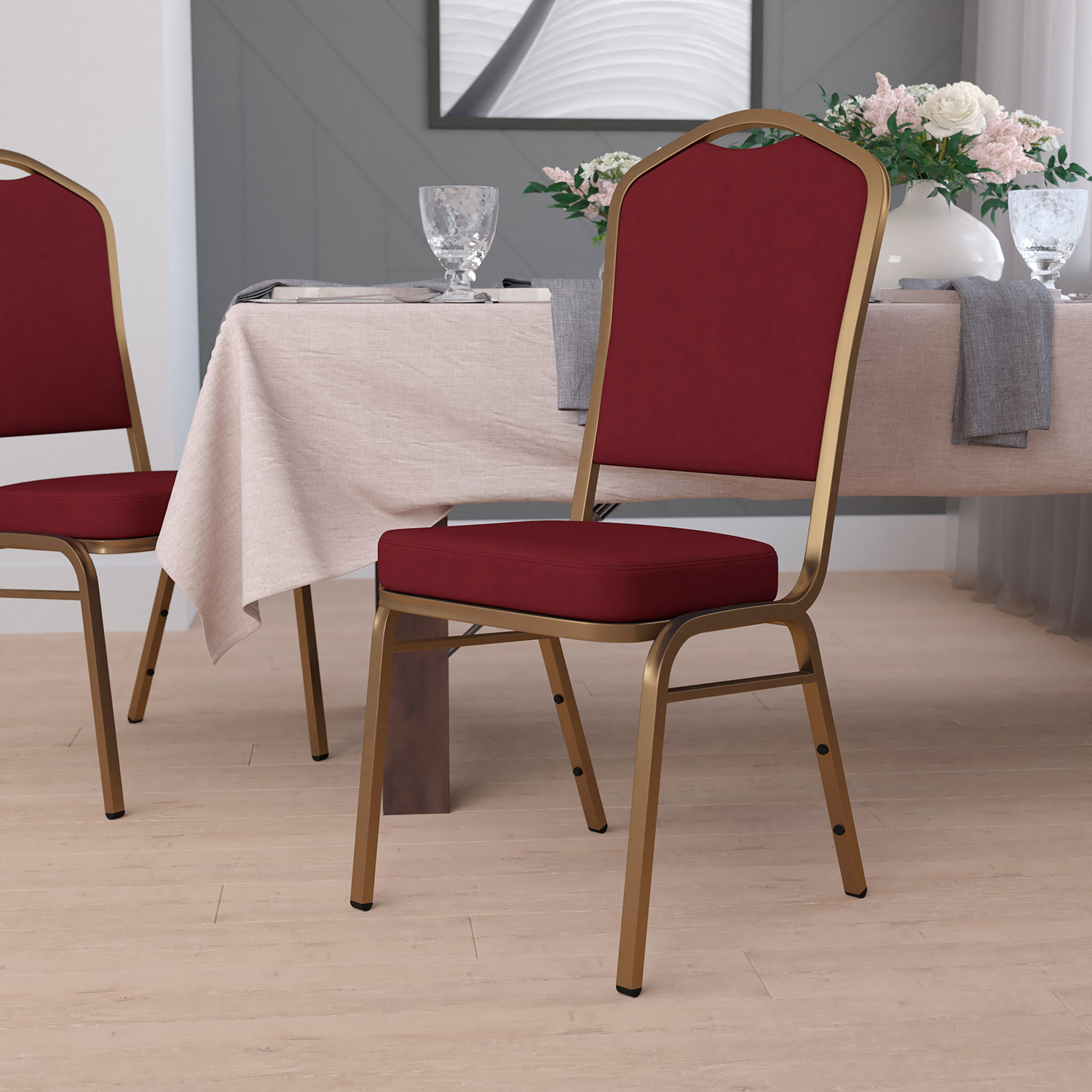 BLNK HERCULES Series Fabric Crown Back Stacking Banquet Chair with Gold Frame