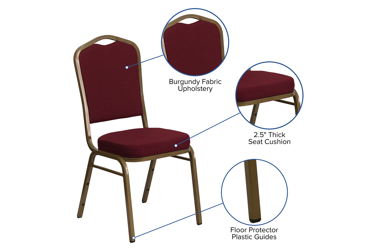 BLNK™ HERCULES Series Fabric Crown Back Stacking Banquet Chair with Gold Frame - Burgundy