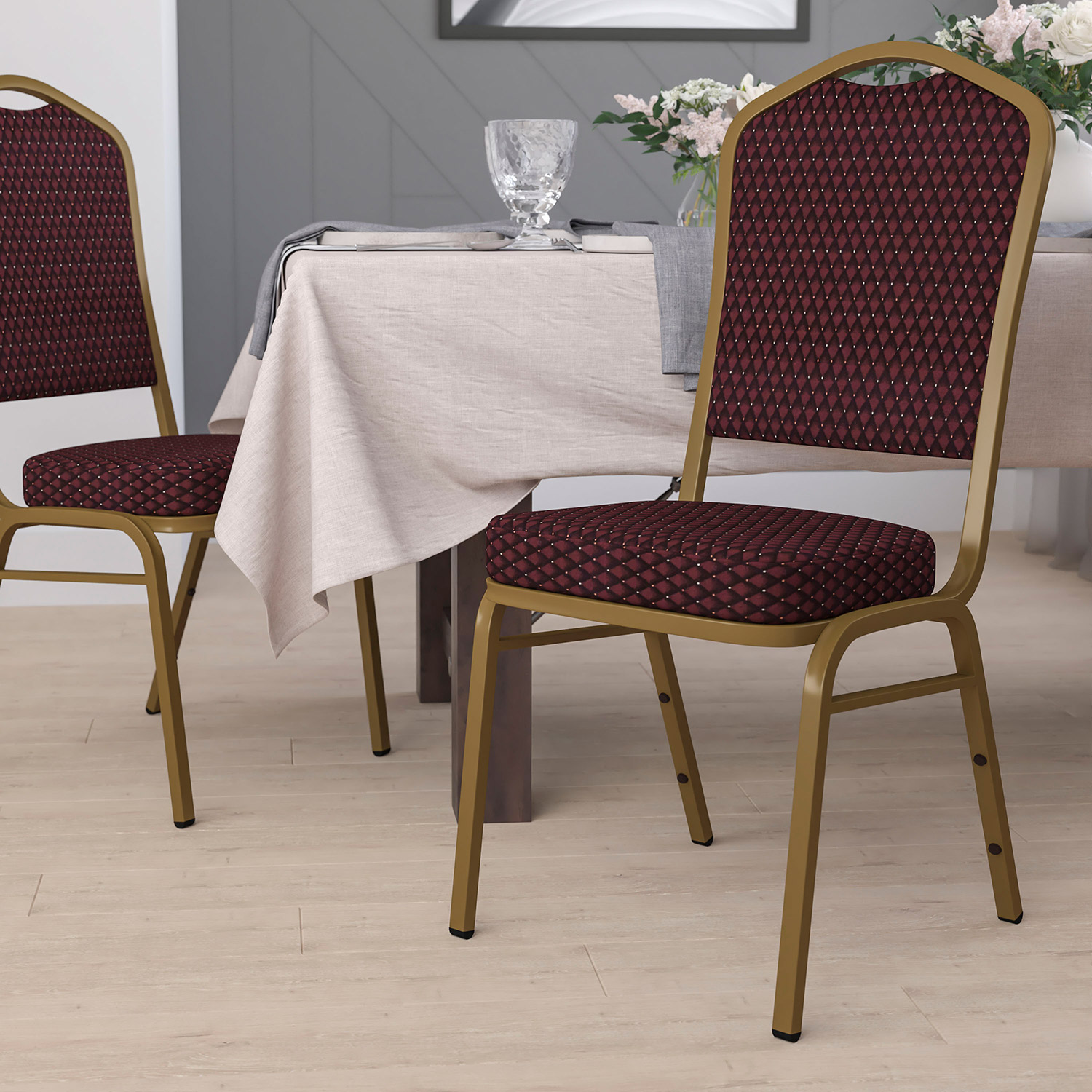 BLNK HERCULES Series Fabric Crown Back Stacking Banquet Chair with Gold Frame